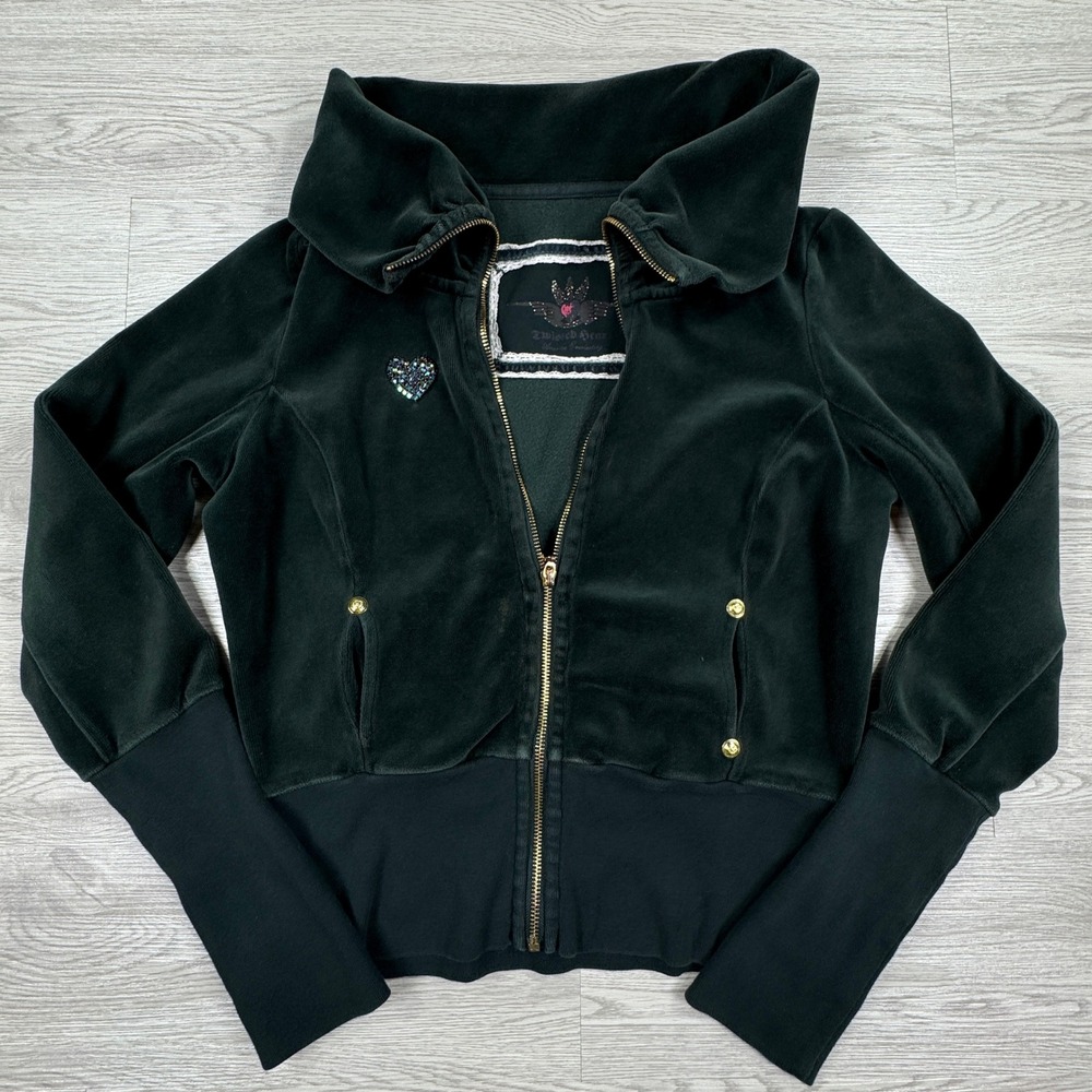 Twisted Heart Women's Velour Jacket Dark Green Rhinestone Heart Zip Up Large